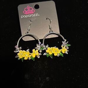 Paparazzi Yellow and Silver Floral Hoop Earrings